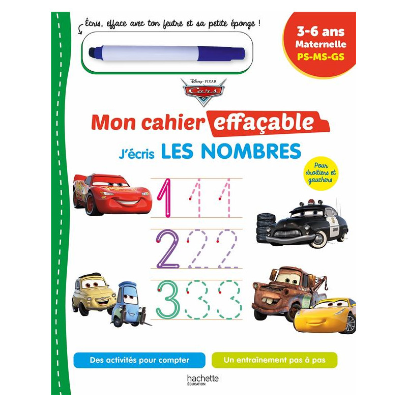 Disney - Cars  Mon cahier effaçable -  Je compte et j'écris les nombres