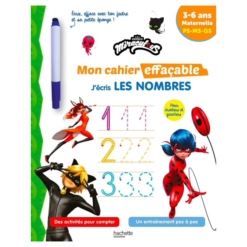 Mon cahier effaçable Miraculous  J'écris les nombres et je compte (3-6 ans)