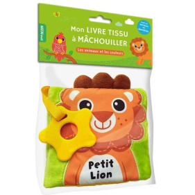 LIVRE TISSU A MÂCHOUILLER - PETIT LION (Les animaux et les couleurs)